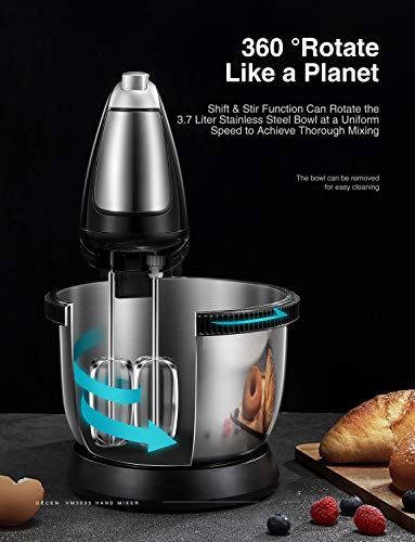 Batidora Amasadora 2 en 1 Batidora de Varillas con 5 Velocidades y Función Turbo, Potente de 300W con Bol de 3,5 L(Giratorio), Incluye 2 Ganchos para Masa y 2 Batidores, Acero Inoxidable, Decen