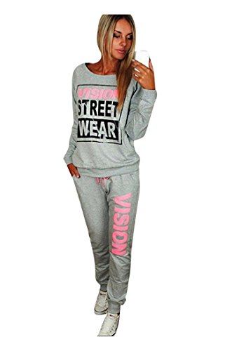 Baymate Mujer Cartas Impresión Suelto Sueter de Pulover Sudadera Pantalones Chándal Conjuntos Gris L