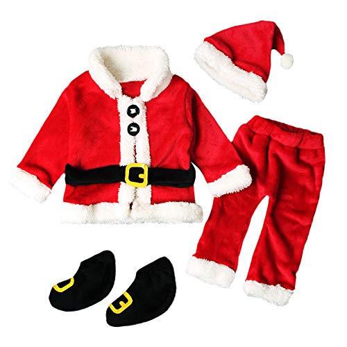 BaZhaHei Bebé Niña Niño Infant Baby Santa Tops de Navidad Pantalones Sombrero Calcetines Traje Vestido de Manga Larga Estilo Papá Noel Tops Pantalones Calcetines Gorro Traje de Cuatro Piezas Ropa
