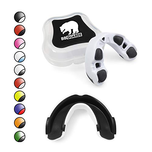 BBGuards Profesional Protector Bucal Boxeo/Protector de Encía - Deportes de Contacto, Boxeo, Rugby, MMA, Artes Marciales, Hockey, Jiu Jitsu.… (Blanco-Negro)