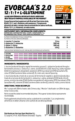 BCAA con Glutamina de HSN Evobcaa's 2.0 | Aminoácidos Ramificados Ratio 12:1:1 (L-Leucina + L-Valina + L-Isoleucina) | Recuperación y Ganar Masa Muscular | Vegano, Sin Lactosa, Sabor Naranja, 1Kg