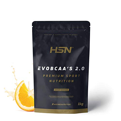 BCAA con Glutamina de HSN Evobcaa's 2.0 | Aminoácidos Ramificados Ratio 12:1:1 (L-Leucina + L-Valina + L-Isoleucina) | Recuperación y Ganar Masa Muscular | Vegano, Sin Lactosa, Sabor Naranja, 1Kg