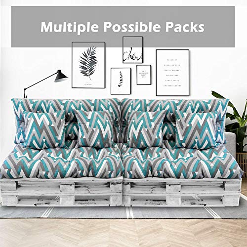 BCASE Pack Cojin Palet Fibra + Cojín Respaldo para Palés Acolchados, Cojín Relleno, Incluyen Cojín de Respaldo y Asiento, Ideal para Jardín, Terraza, Patio y Balcón, Azul Raya