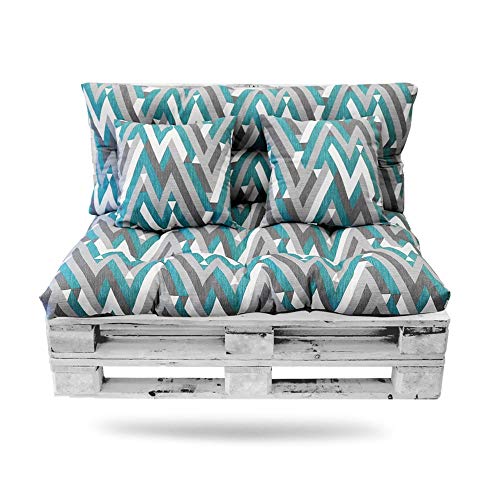 BCASE Pack Cojin Palet Fibra + Cojín Respaldo para Palés Acolchados, Cojín Relleno, Incluyen Cojín de Respaldo y Asiento, Ideal para Jardín, Terraza, Patio y Balcón, Azul Raya