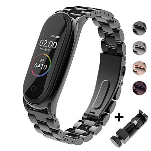 BDIG Correa Compatible Mi Band 4 Correas Metal,Pulsera de Acero Inoxidable Agradable para Mi Band 4 Correa (No Host) (Plus Negro)