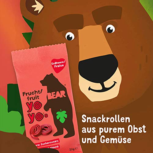 BEAR - Snack hecho al 100% de pura fruta en forma de rollito FRESA - Pack de 18 x 20 g, Sin Azúcar Añadido, Sin Gluten, Vegano