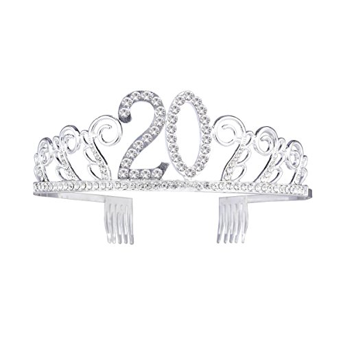Beaupretty Tiara Cristal Cumpleaños 20 Años Corona Princesa Feliz Cumpleaños de Número 20 Años Diadema con Peines Regalos de Cumpleaños para Mujer Fiesta de Aniversario Bodas plata