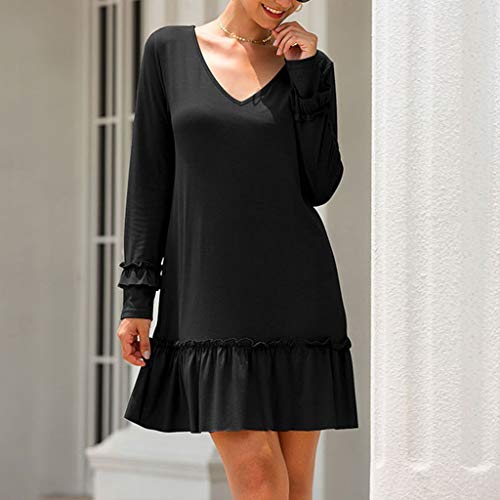 beautyjourney Vestido de Manga Larga con Cuello en V de Color Liso para Mujer Mini Vestido de Costuras con Volantes Vestido Informal Suelto Simple túnica Playa Vestido de Fiesta