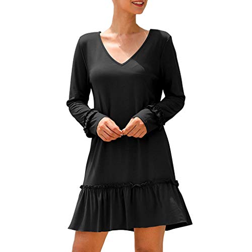 beautyjourney Vestido de Manga Larga con Cuello en V de Color Liso para Mujer Mini Vestido de Costuras con Volantes Vestido Informal Suelto Simple túnica Playa Vestido de Fiesta