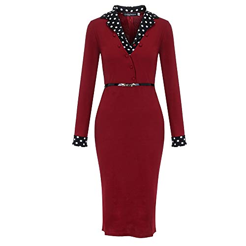 beautyjourney Vestido de Trabajo de Falda de lápiz Delgado para Mujer Vestidos de Fiesta de Manga Larga con Cuello en V y Oficina Vestido Ajustado hasta la Rodilla