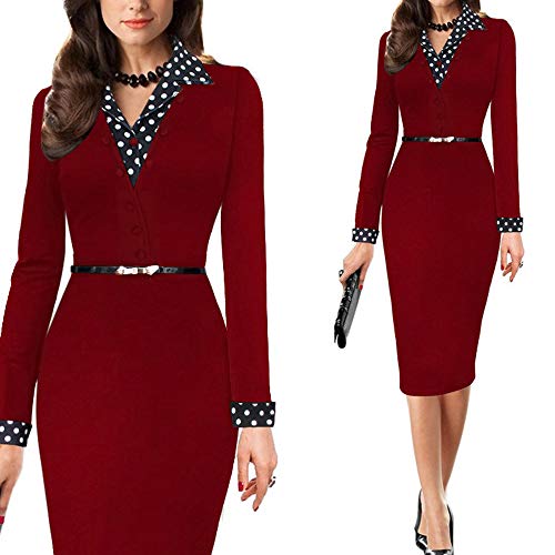 beautyjourney Vestido de Trabajo de Falda de lápiz Delgado para Mujer Vestidos de Fiesta de Manga Larga con Cuello en V y Oficina Vestido Ajustado hasta la Rodilla
