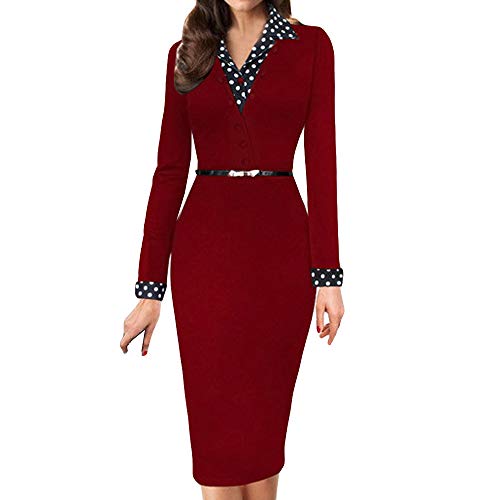 beautyjourney Vestido de Trabajo de Falda de lápiz Delgado para Mujer Vestidos de Fiesta de Manga Larga con Cuello en V y Oficina Vestido Ajustado hasta la Rodilla