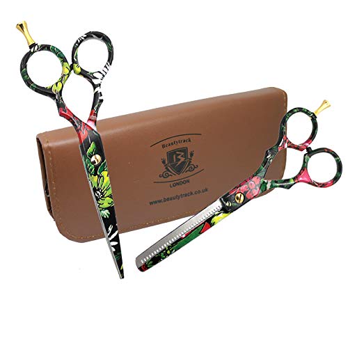 BeautyTrack Tijeras de corte de pelo profesional | Tijeras de peluquería de 5.5 pulgadas con estuche de almacenamiento | Tijeras de salón | Kit de tijera hecho a mano | Hermoso diseño de tijera