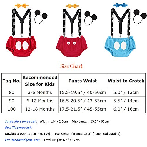 Bebé Niños Niñas Lindo Ratón 1er / 2do / 3er Cumpleaños 4 Piezas Traje los Niños del Algodón Calzoncillos + Tirantes + Pajarita + Diadema de Oreja Traje de Bebé Trajes Rojo 6-12 Meses