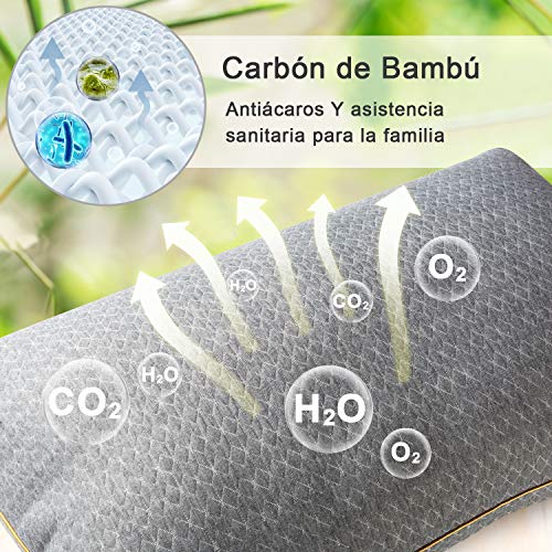 BedStory Almohada de Carbón de Bambú 50x75 Almohada Fibra Lavable Almohada Antiácaros de Poliéster Relleno de Almohadas de Calidad Hotelera Pack de 2