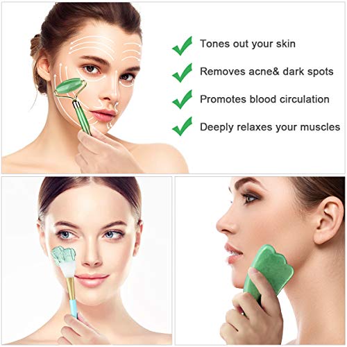 BELICOO Rodillo facial de jade, masajeador facial de jade 100% natural Jade Gua Sha Kit Cuidado de la piel Antienvejecimiento Sin arrugas Aprieta la piel
