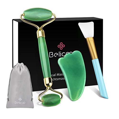 BELICOO Rodillo facial de jade, masajeador facial de jade 100% natural Jade Gua Sha Kit Cuidado de la piel Antienvejecimiento Sin arrugas Aprieta la piel