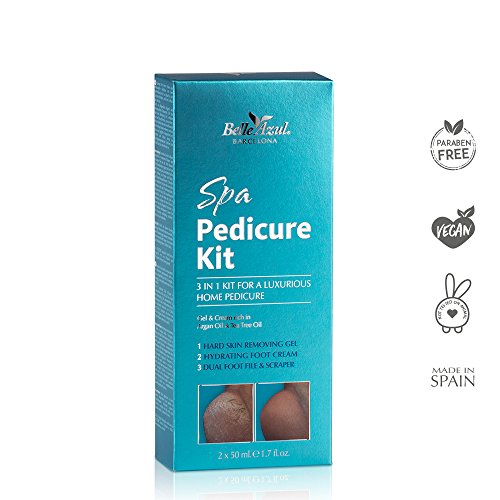 Belle Azul - Spa Pedicure Kit - Kit completo de Pedicura en casa, Gel que elimina Durezas y Callos, Espátula de Metal, Lima de pies de doble cara y una Crema Hidratante especial para pies, Gel y Crema Ricos en Aloe Vera, Aceite de Argán y Aceite de Árbol 