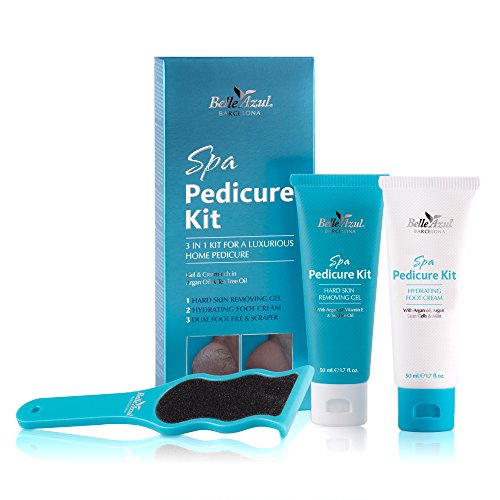 Belle Azul - Spa Pedicure Kit - Kit completo de Pedicura en casa, Gel que elimina Durezas y Callos, Espátula de Metal, Lima de pies de doble cara y una Crema Hidratante especial para pies, Gel y Crema Ricos en Aloe Vera, Aceite de Argán y Aceite de Árbol 