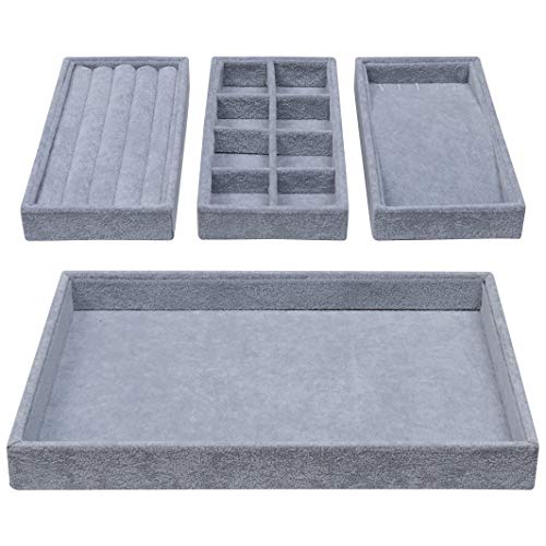 BELLE VOUS Bandejas Joyas - 4 en 1 Exhibidor Organizador de Joyas 35,3x24,2cm Incluye 3 Bandeja Desmontables con 8 Compartimentos para Pendientes, Pulsera y Collares (Gris)