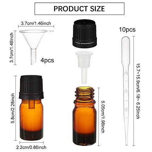 BENECREAT 24 Pack 5ml Botella de Vidrio Ámbar con Reductor de Orificio Botella Vacía de Aceite Esencial con Tapa Antideslizante, 10PCS Pipetas, 4PCS Embudos para Aromaterapia
