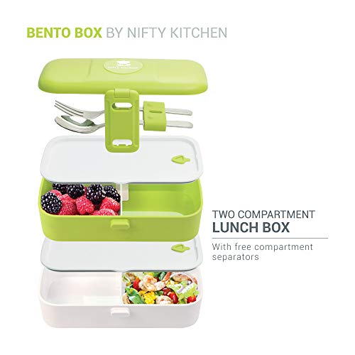 Bento Box de Nifty Kitchen - Lonchera con 2 compartimentos y cubiertos - a prueba de agua, apto para lavavajillas y microondas. Ideal para adultos o niños, hombres o mujeres.