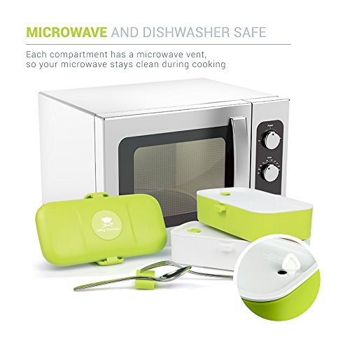 Bento Box de Nifty Kitchen - Lonchera con 2 compartimentos y cubiertos - a prueba de agua, apto para lavavajillas y microondas. Ideal para adultos o niños, hombres o mujeres.