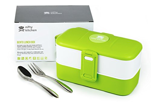 Bento Box de Nifty Kitchen - Lonchera con 2 compartimentos y cubiertos - a prueba de agua, apto para lavavajillas y microondas. Ideal para adultos o niños, hombres o mujeres.