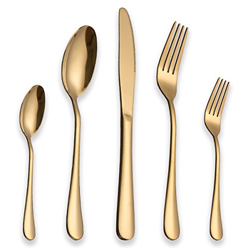 Berglander Set de cubiertos de acero inoxidable 30 piezas con chapado en oro de titanio, set de cubiertos de color dorado, cubiertos, servicio de cubertería para 6 (30 piezas)