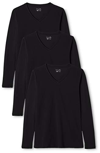 Berydale Camiseta de manga larga de mujer, con cuello de pico, lote de 3, en varios colores, Negro, L