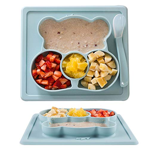 BESLIME Ventosa Plato Ventosa，Plato Para Bebe (Azul) - Plato Silicona para Infantil con Mantel Individual-Ventosas Antivuelco para Tronas y Sillines-Seguro en Lavavajillas/Microondas