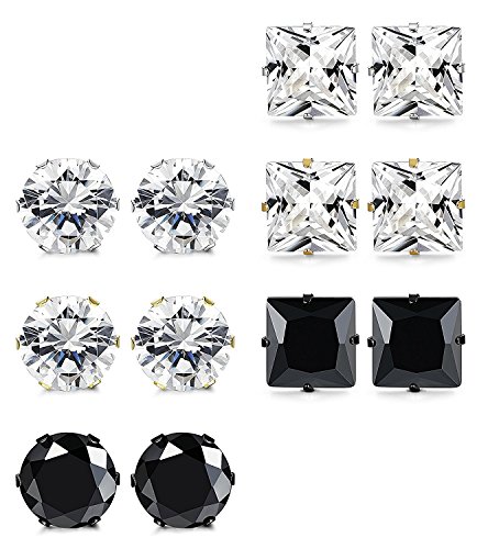 BESTEEL 6Pares Acero Inoxidable Pendientes para Hombre Mujer Unisexe Pendientes Stud Circonio Cúbico, 8MM