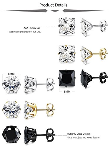 BESTEEL 6Pares Acero Inoxidable Pendientes para Hombre Mujer Unisexe Pendientes Stud Circonio Cúbico, 8MM