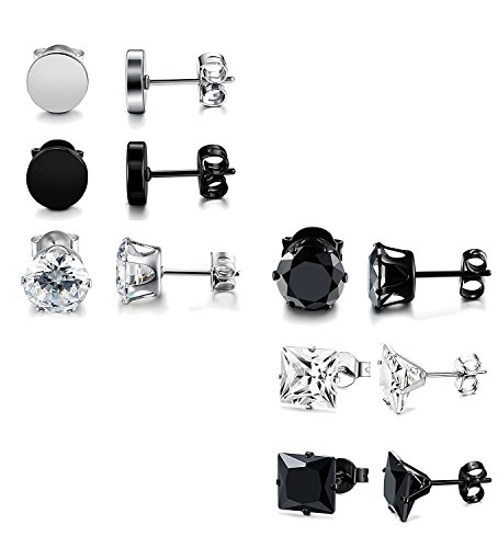 BESTEEL 6Pares Acero Inoxidable Pendientes Studs para Hombre Mujer Aretes con Circonita Redondo Cuadrado Pendiente, Plata y Negro 7mm