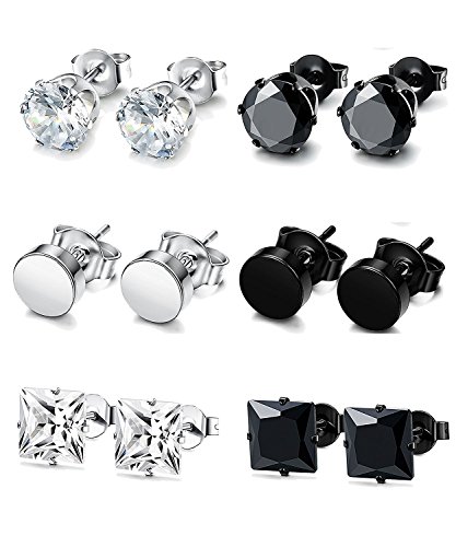 BESTEEL 6Pares Acero Inoxidable Pendientes Studs para Hombre Mujer Aretes con Circonita Redondo Cuadrado Pendiente, Plata y Negro 7mm