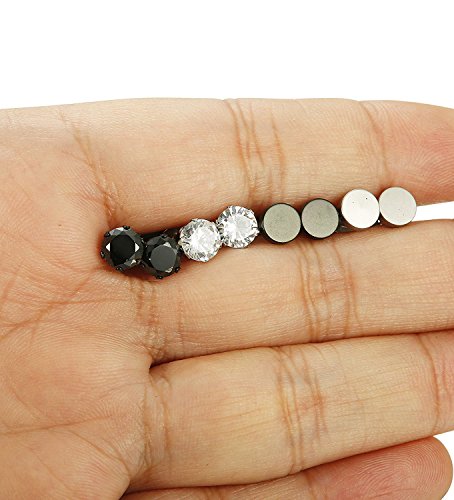 BESTEEL 6Pares Acero Inoxidable Pendientes Studs para Hombre Mujer Aretes con Circonita Redondo Cuadrado Pendiente, Plata y Negro 7mm