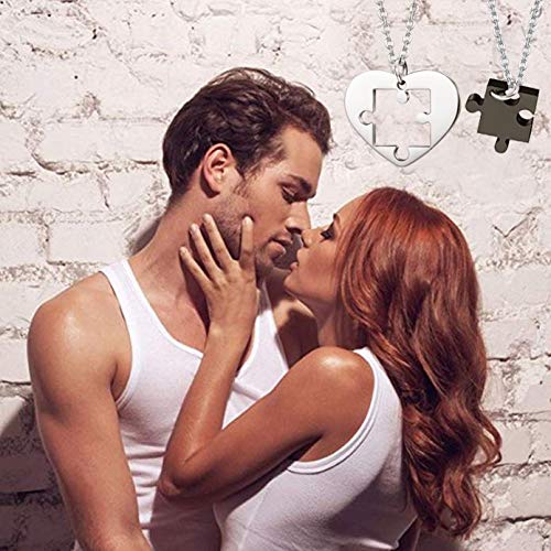 Besteel Acero Inoxidable Collar Amantes con Colgante Puzzle para Hombre Mujer Pareja Corazon Negro y Plata Cadena Rolo 56CM