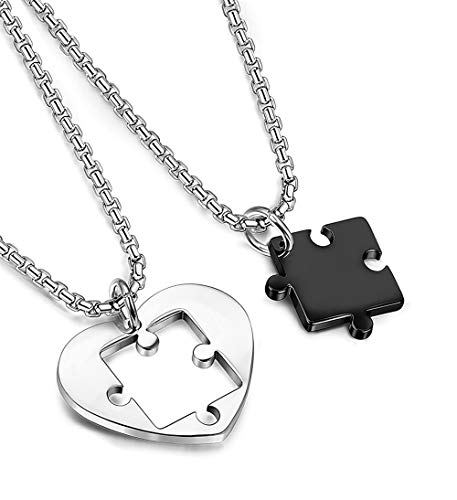 Besteel Acero Inoxidable Collar Amantes con Colgante Puzzle para Hombre Mujer Pareja Corazon Negro y Plata Cadena Rolo 56CM