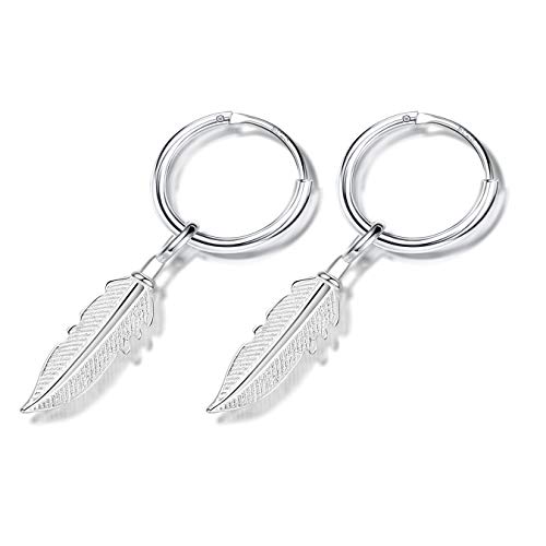 BESTEEL Plata 925 Pendientes para Hombres Mujeres Niñas Pendientes de aro Plumas Colgar Hoja Regalo espumoso Con caja
