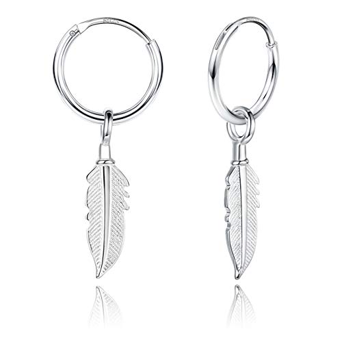 BESTEEL Plata 925 Pendientes para Hombres Mujeres Niñas Pendientes de aro Plumas Colgar Hoja Regalo espumoso Con caja