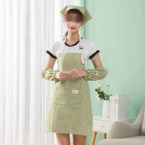 BESTSOON Delantal de Cocina Cocina Tres Piezas de tamaño Ajustable Gotas de Agua Delantal Resistente con el Sombrero y el Brazalete para Hornear jardinería Barbacoa (Color : Green, Size : One Size)
