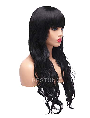 BESTUNG Peluca larga ondulada para mujer, pelo sintético, pelo completo, color negro natural, con pulseras para disfraz de cosplay o vida diaria
