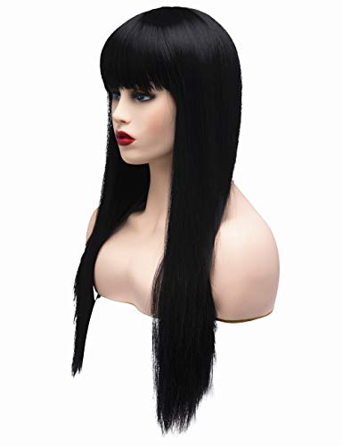 BESTUNG Peluca larga recta negra Brunett para mujer, pelo sintético, peluca natural con brazaletes para disfraz de cosplay o vida diaria