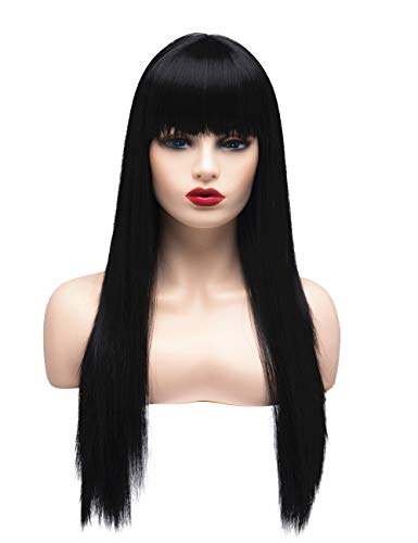 BESTUNG Peluca larga recta negra Brunett para mujer, pelo sintético, peluca natural con brazaletes para disfraz de cosplay o vida diaria