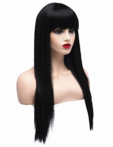 BESTUNG Peluca larga recta negra Brunett para mujer, pelo sintético, peluca natural con brazaletes para disfraz de cosplay o vida diaria