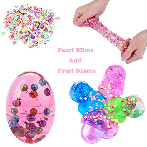 BESTZY Slime Fluffy Huevo Slime Kit - 3 Slime de Galaxy y 1 Arcilla de Perla con rodajas de Fruta, Suave y no pegajosa, niños y niñas