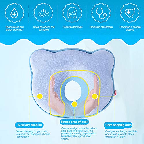 Besylo Almohada para Bebe, planas para la cabeza Forma bebé recién nacida almohada protectora para bebés, Cojín Recién nacido para Anti Plagiocefalia 0-12 Meses(azul)