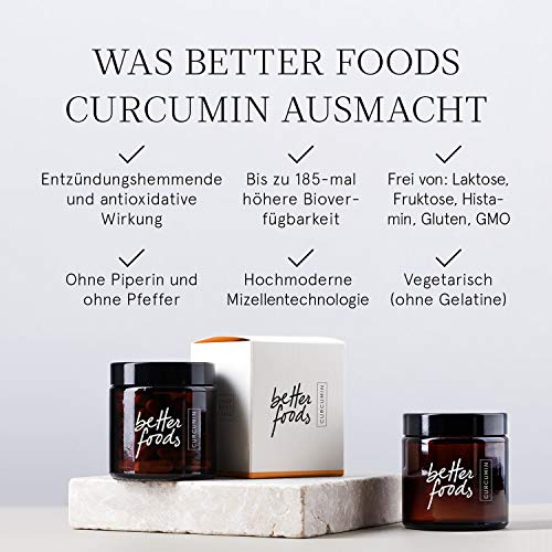 Better Foods Cápsulas de Curcumina I Suplemento Antioxidante Natural Con Cúrcuma y Vitamina D I Alivia el Dolor de Artritis, Muscular y de Articulaciones I Inmunológico y Pérdida de Peso I 60 Pz.