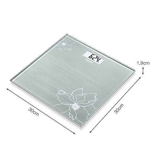 Beurer GS 10 - Báscula de baño de vidrio, báscula extra plana de 1.9 cm, pantalla digital LCD con grandes dígitos (2.6 cm), color grisáceo con detalle de flor con efecto purpurina