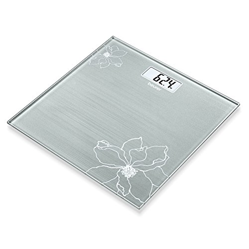 Beurer GS 10 - Báscula de baño de vidrio, báscula extra plana de 1.9 cm, pantalla digital LCD con grandes dígitos (2.6 cm), color grisáceo con detalle de flor con efecto purpurina